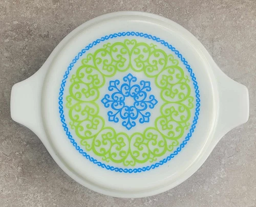 Vtg Pyrex PROMO Ocean Filigree 475 Casserole Dish Lid Blue Green USA FREEUSHIP