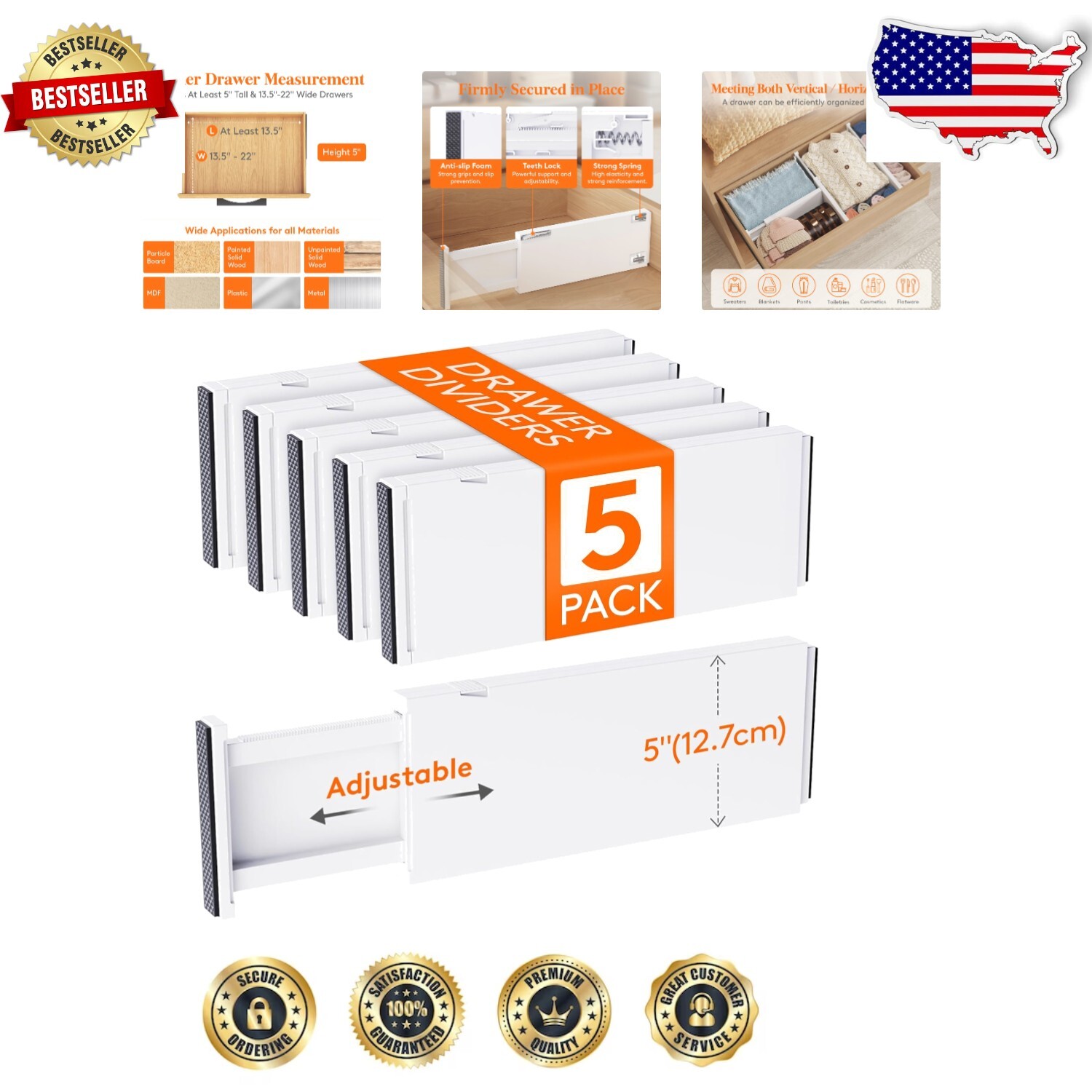 Versatile 5 Pack Drawer Organizers - Adjustable for Clothes, Kitchen, and Office