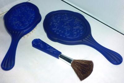 VINTAGE WESTDEUTSCH BLAU KRISTALLGLAS SCHMINKTISCH SCHMINKTISCH SPIEGEL BÜRSTE SET