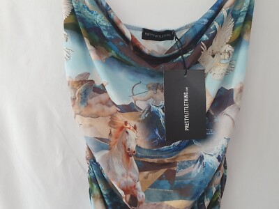 blue cherub print strappy ruched bodycon dress Pretty Little Thing Ladies Blue Cherub Print Strappy Bodycon Dress Size 12