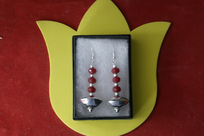 Schöne moderne Silber Ohrringe mit Rubin 11 gr 5 cm.lang + Haken in Geschenkbox