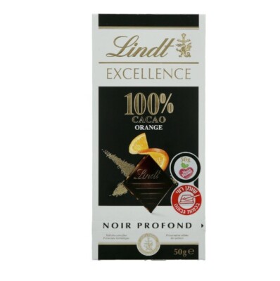 6x Lindt Excellence 100% Cocoa Chocolate Bar, Orange Flavor, 50g, Israel Kosher