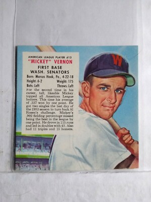 vernon tobacco 1954 Red Man Tobacco No Tab, Mickey Vernon, AL #13 Senators NICE F4079