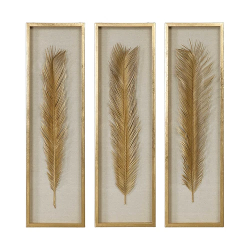 Luxe Tall Gold Palm Leaf Wall Art Set 3 | Organic Shape Shadow Box Sculpture - Picture 1 of 7