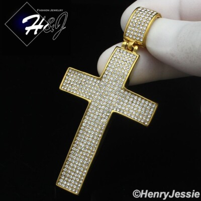 MEN STAINLESS STEEL ICY BLING CZ GOLD PLATED 3D CROSS CHARM PENDANT*IGP21