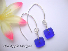 Flat, Forward-Facing, Dainty Frosted Sea Glass Silver Marquise Earrings, Jewelry