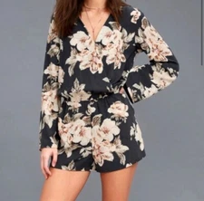 Lulus Boho Floral Bell Sleeve Faux Wrap Romper S Gray Multi Feminine Vacation
