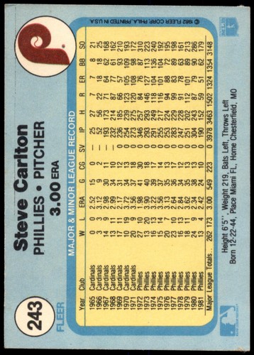 Steve Carlton #243 1982 Fleer - Bild 2 von 2