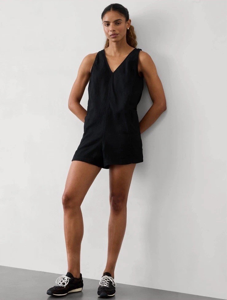 NWT Athleta Linen Romper Black Small S Summer Beach Travel Comfort