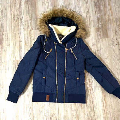Blind Date Damen Pufferjacke Winter Blau Gr. M Kapuze Fellbesatz Reißverschluss