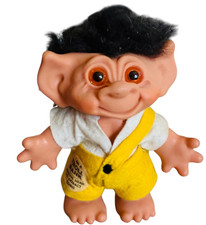 VINTAGE DAM 8" TROLL BANK yellow outfit w dark brow Hair orange Eyes 60s