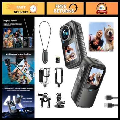4K Mini Action Camera | 128GB Waterproof Sports Cam with EIS Stabilization, POV