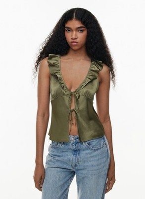 Wilfred Aritzia Womens Tonka Satin Blouse Size XS Green Babydoll Sleeveless
