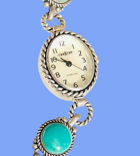VTG CAROLYN POLLACK STERLING SILVER WATCH BRACELET MOP & TURQUOISE HTF NICE!! - Picture 8 of 9