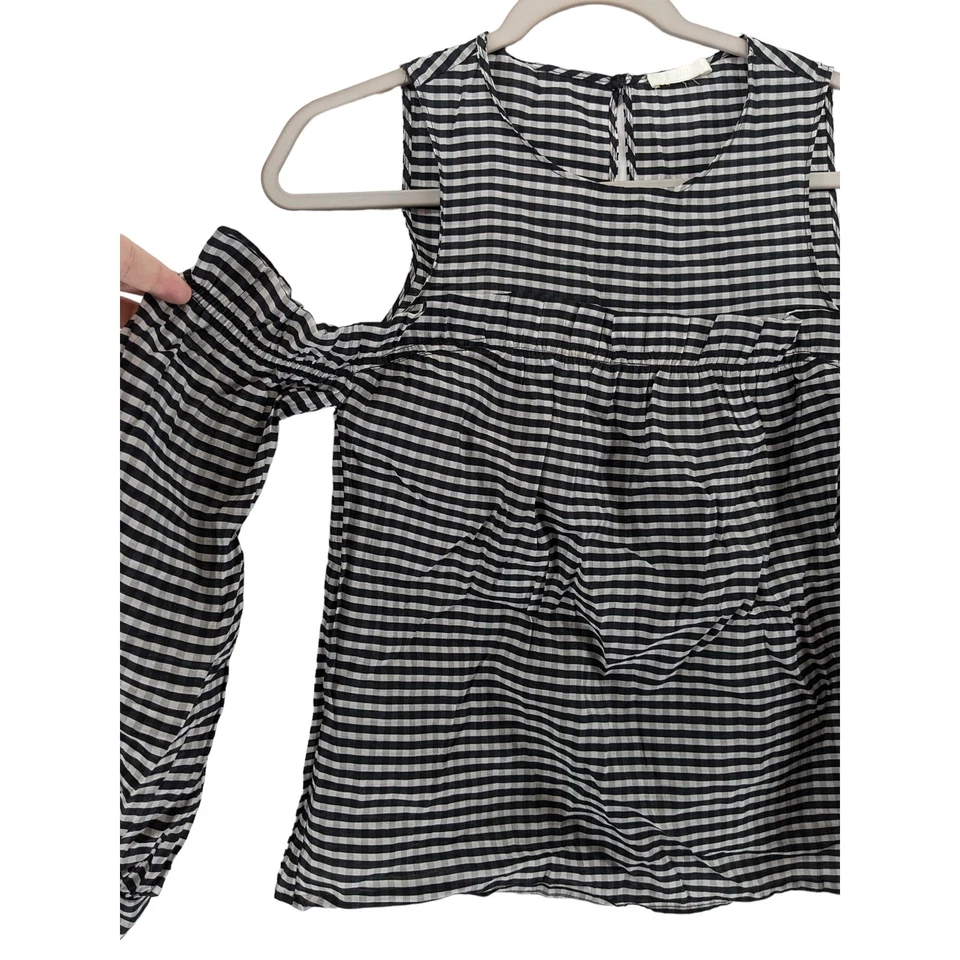 H&M Checked Blouse XS Black White Cold Shoulder Ruffle Long Puff Sleeve Office - Image 2 of 4