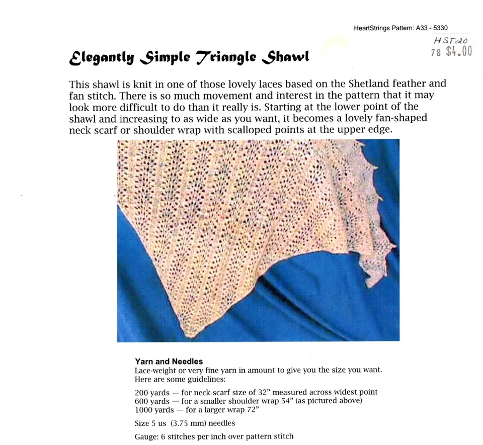Heartstrings Knitting Pattern A33-5330 Elegantly Simple Triangle Shawl - Image 1 of 1