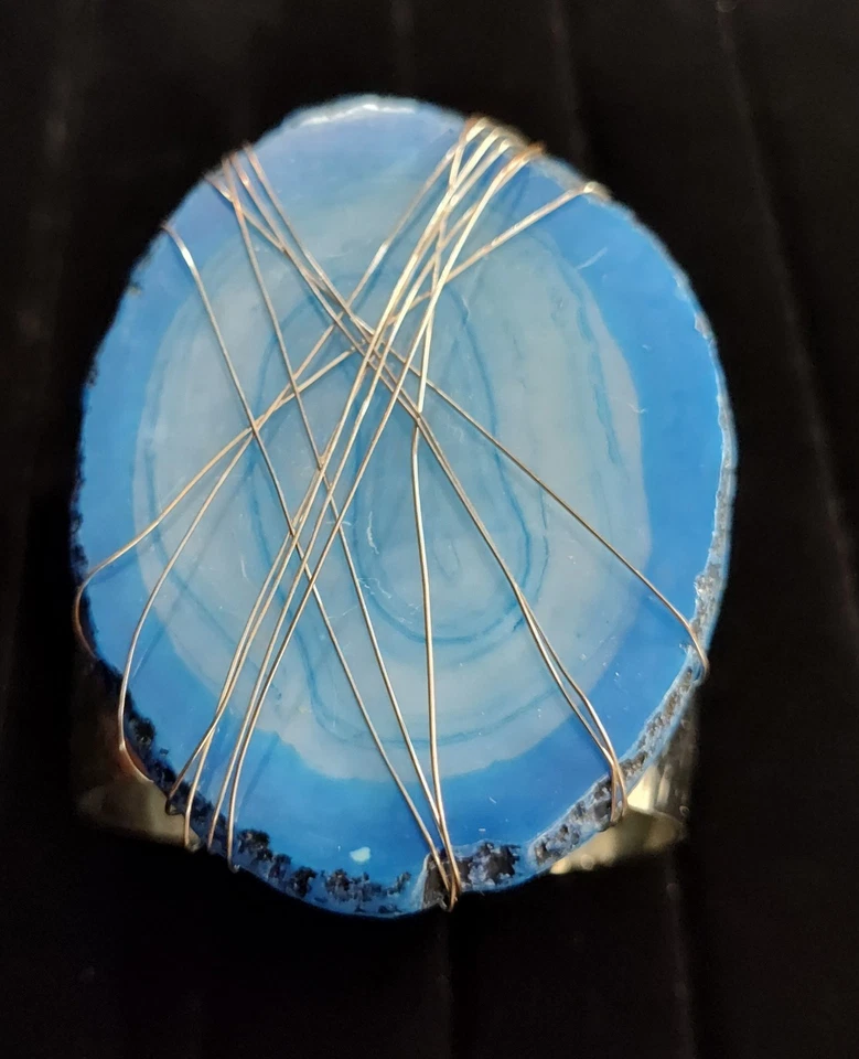 Brazalete Brazalete Vintage Tono Plata Geoda Rebanada Ágata Azul Bohemia Bruja Occidental Foto 2 de 4