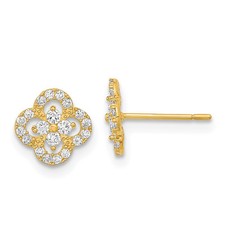 14k Yellow Gold Polished Flower CZ Button Stud Earrings