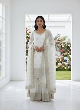 Classic Look White Silk Kurta Palazzo With Dupatta For Women  Girls