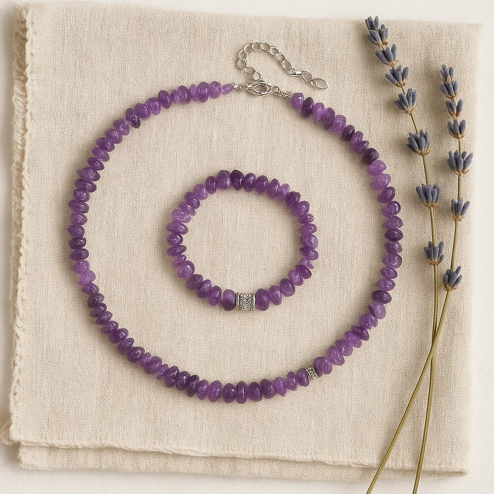 Amethyst Chip Gemstone Purple Bracelet & Necklace Boho Hippy Handmade Ethnic Foto 3 de 3