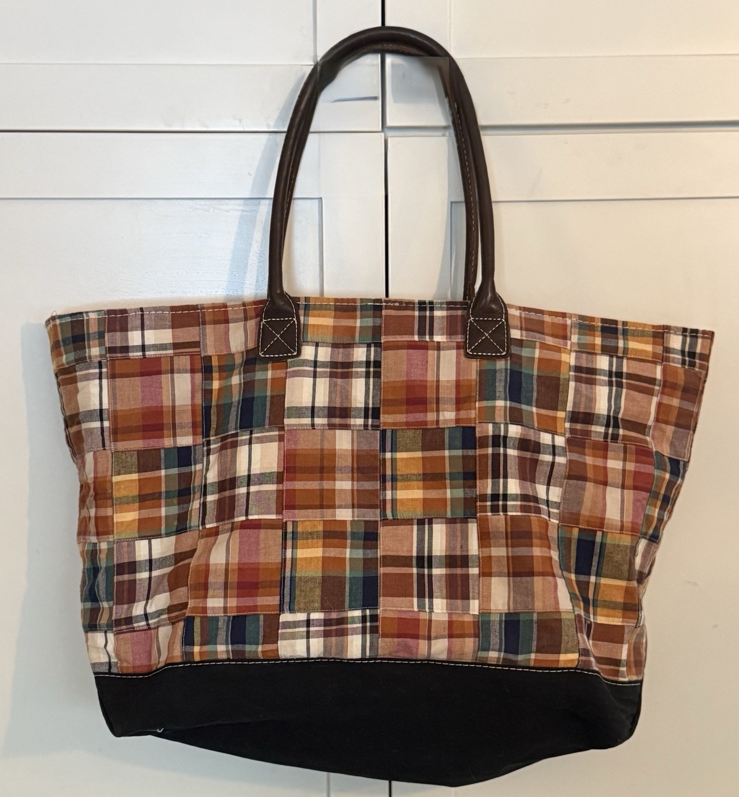 LL BEAN Plaid Patchwork Leather Handle LARGE Tote… - image 1