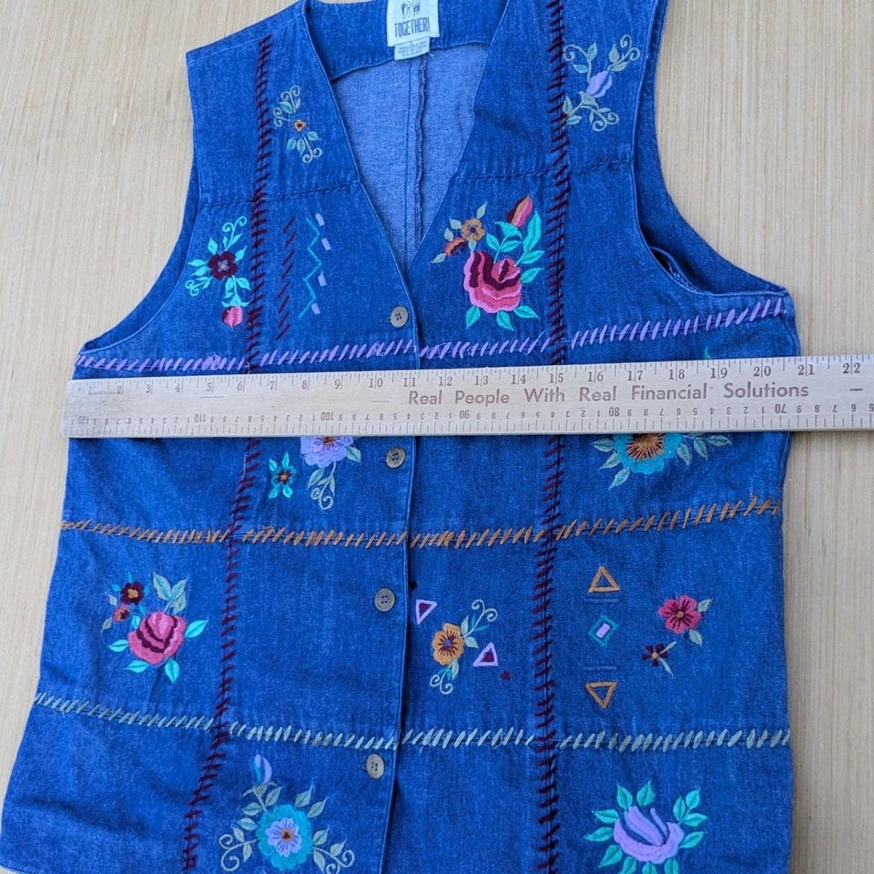 Vintage Together! Vest 90's Denim Cotton Embroidered Floral Cottage Women Large - Image 4 of 4
