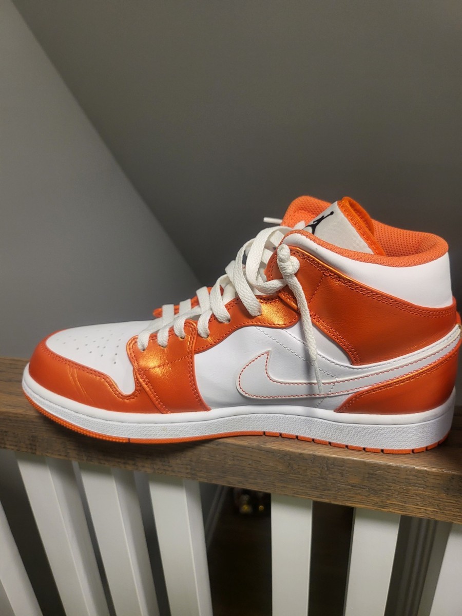 Nike Air Jordan 1 Mid Electro Orange White Orange Leather Size 10
