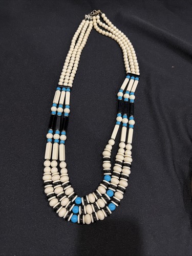 Vintage Native American Style 3 Row Hairpipe Necklace Blue White Black Beads