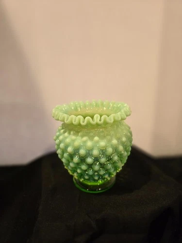 Vintage Fenton Lime Green Opalescent Hobnail Ruffle Uranium Glass Vase
