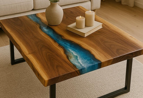 Handmade Epoxy Resin Kitchen Table – Blue River & Waves Live Edge Wood Counter - Picture 3 of 9