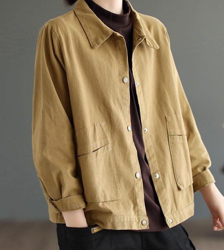New Women's Cotton cargo Jacket Casual solid coat Long sleeve Short jacket gift - Picture 9 of 21