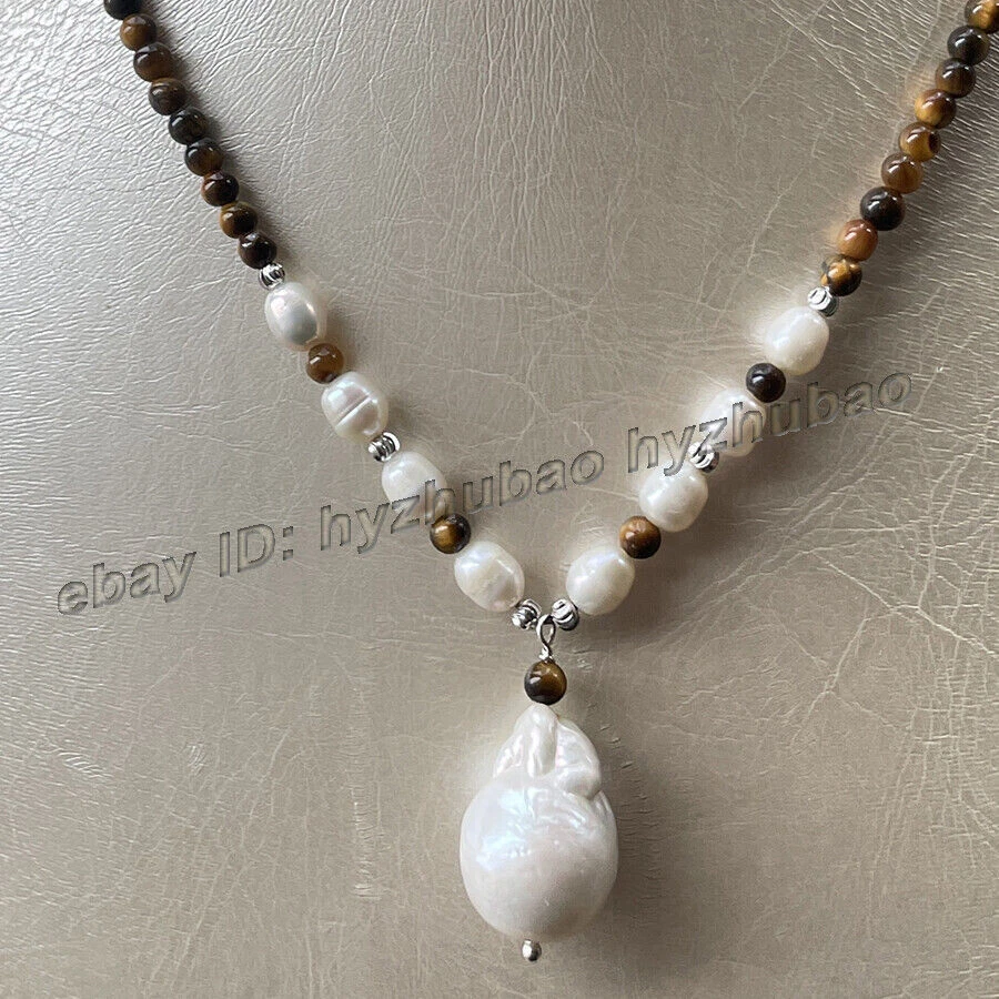 14-28"4mm Round Tiger's Eye Gem Beads White Baroque Keshi Pearl Pendant Necklace - Image 3 of 4