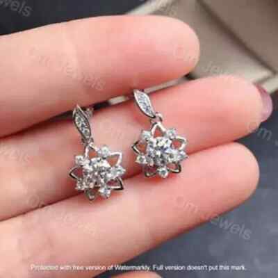 Beautiful 2Ct Lab Created Diamond Flower Drop/Dangle Earrings White Gold Finish