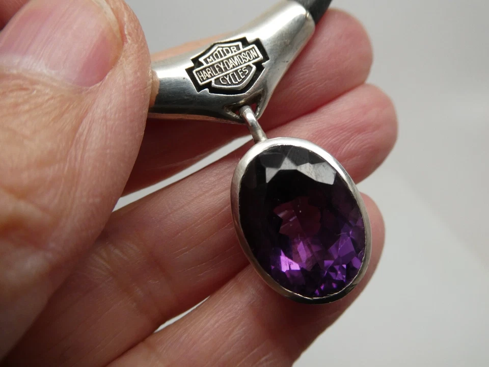 Collar de piedras preciosas amatista 925 con logotipo de motociclista Harley Davidson de 18" Foto 2 de 4