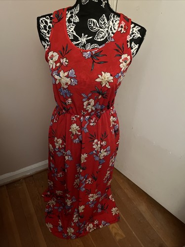 New LILDY Size S/M Round Hem Maxi Dress POCKETS Sleeveless Red/floral Hawaii
