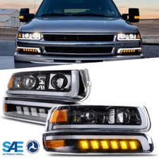 DOT LED Headlights w/ Bumper Lights For 99-02 Chevy Silverado 2000-2006 Tahoe