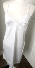 New VANITY FAIR 38 L White Nylon FULL SLIP DRESS Retro SILKY Lace Trim V Neck