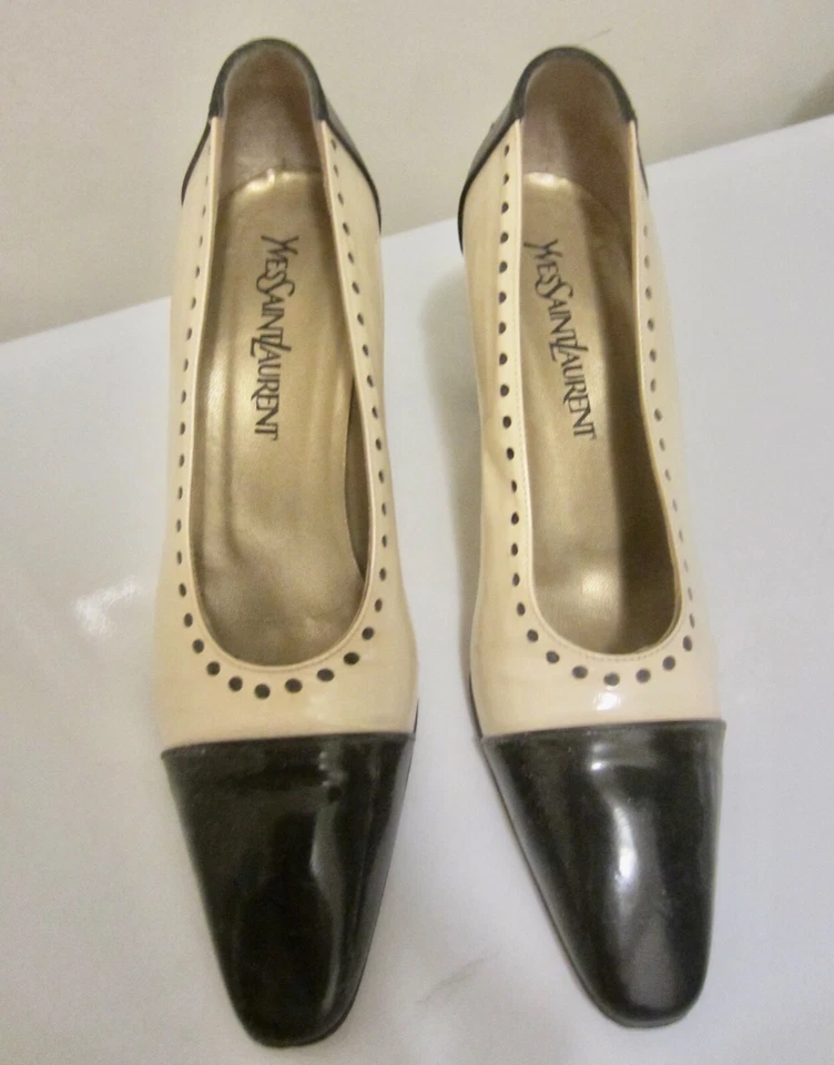 Zapatos de salón vintage Yves Saint Laurent para mujer 7 M cuero negro/marfil ITALIA Foto 2 de 4