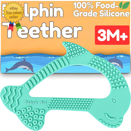 Baby Silicone Teething Toy | 8 Pain Relief Textures, Dolphin-Shape | Easy to Hol
