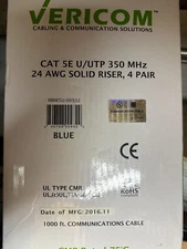 Cat5e 23AWG UTP Solid Riser CMR Cable, 1000ft Pull Box - Blue - VER1511
