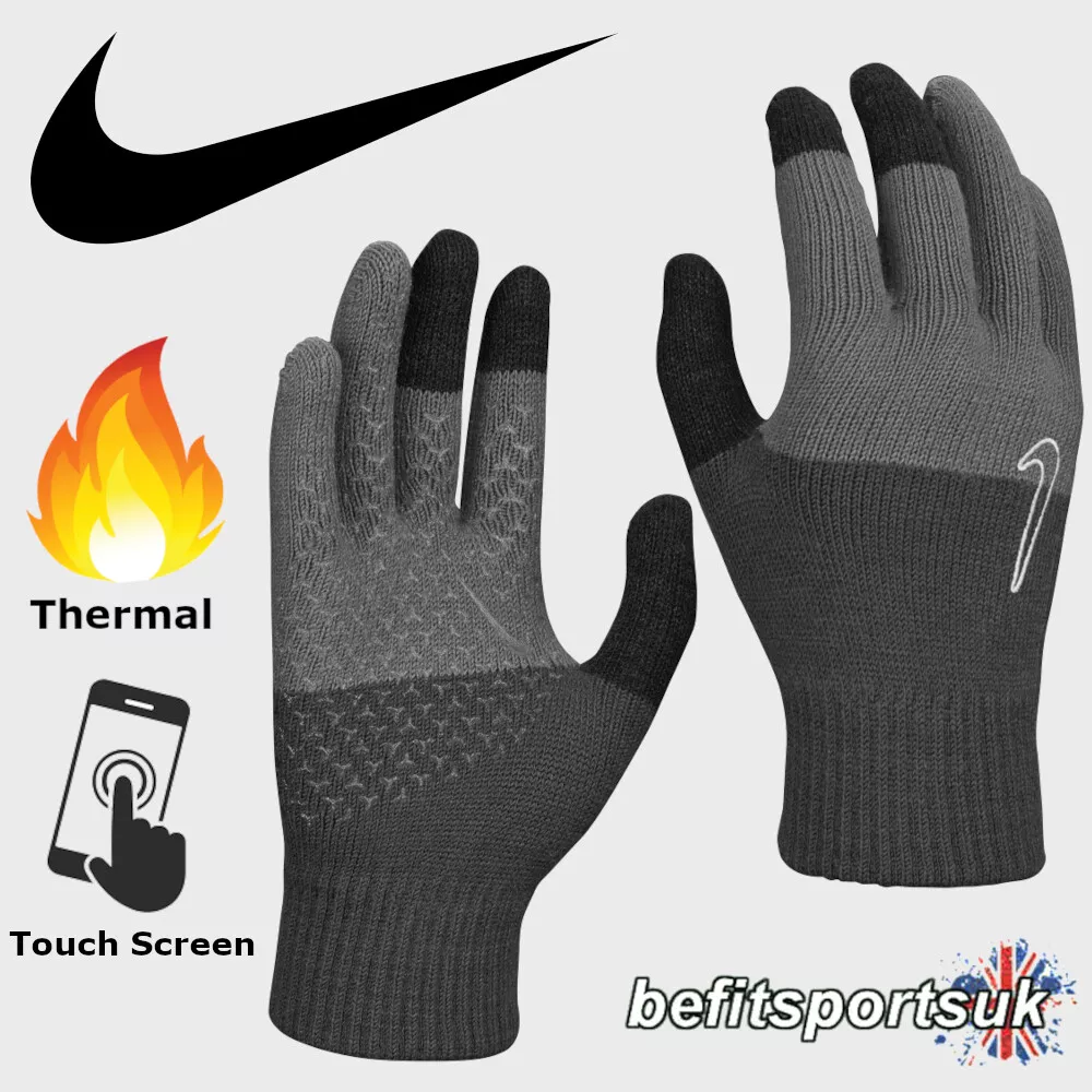 NIKE MENS WINTER GLOVES FOOTBALL KNIT GRIP SPORTS MAGIC TOUCH SCREEN PHONE  BLACK