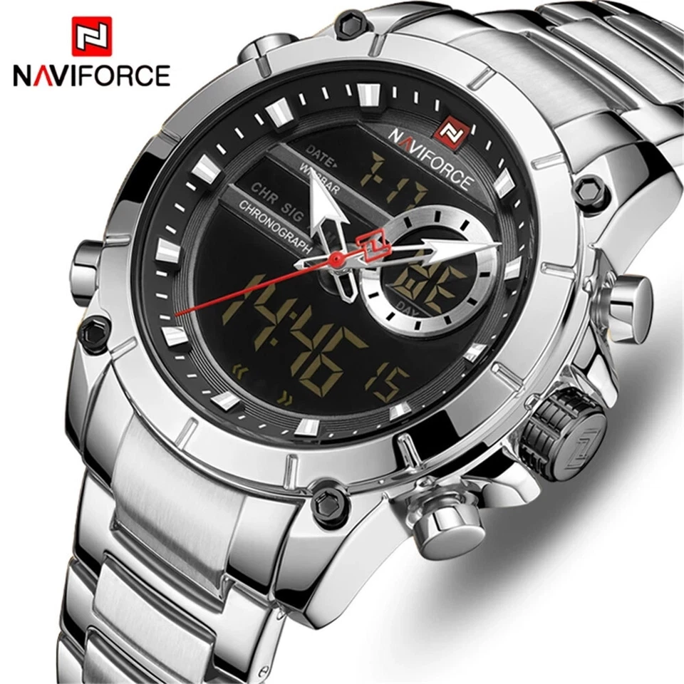 NAVIFORCE Men Digital Watch Steel Business Wristwatch Dual Time LED Quartz Watch - Image 3 of 4