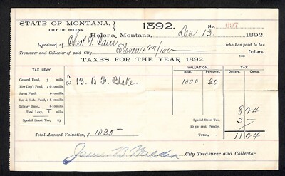 1892 Helena, State of Montana Tax Levy Worksheet / Form w/ Mill Rates Scarce
