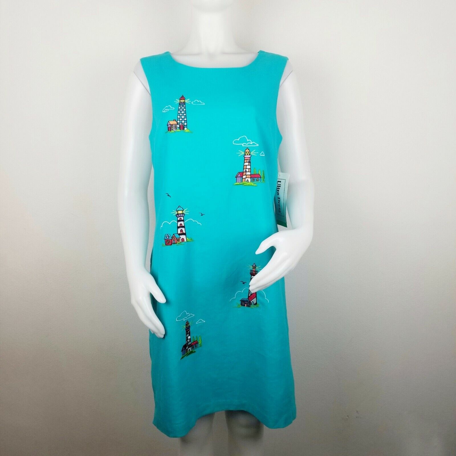 Ultra Dress Womens Size 12 Turquoise Sleeveless Linen Blend Lighthouse  Dress NWT