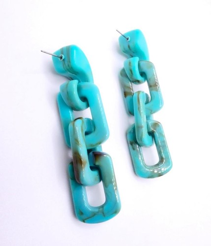 GORGEOUS Chunky Blue Brown Marble Resin Lucite Links Chain Dangle Post Earrings - Picture 8 of 8