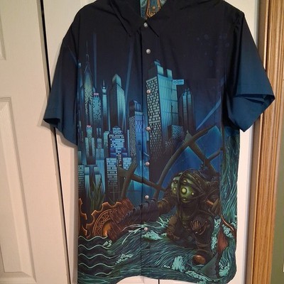 Retro Rifle Shirt Mens 2XL Metal Snaps BioShock Game Deep Blue Limited Edition