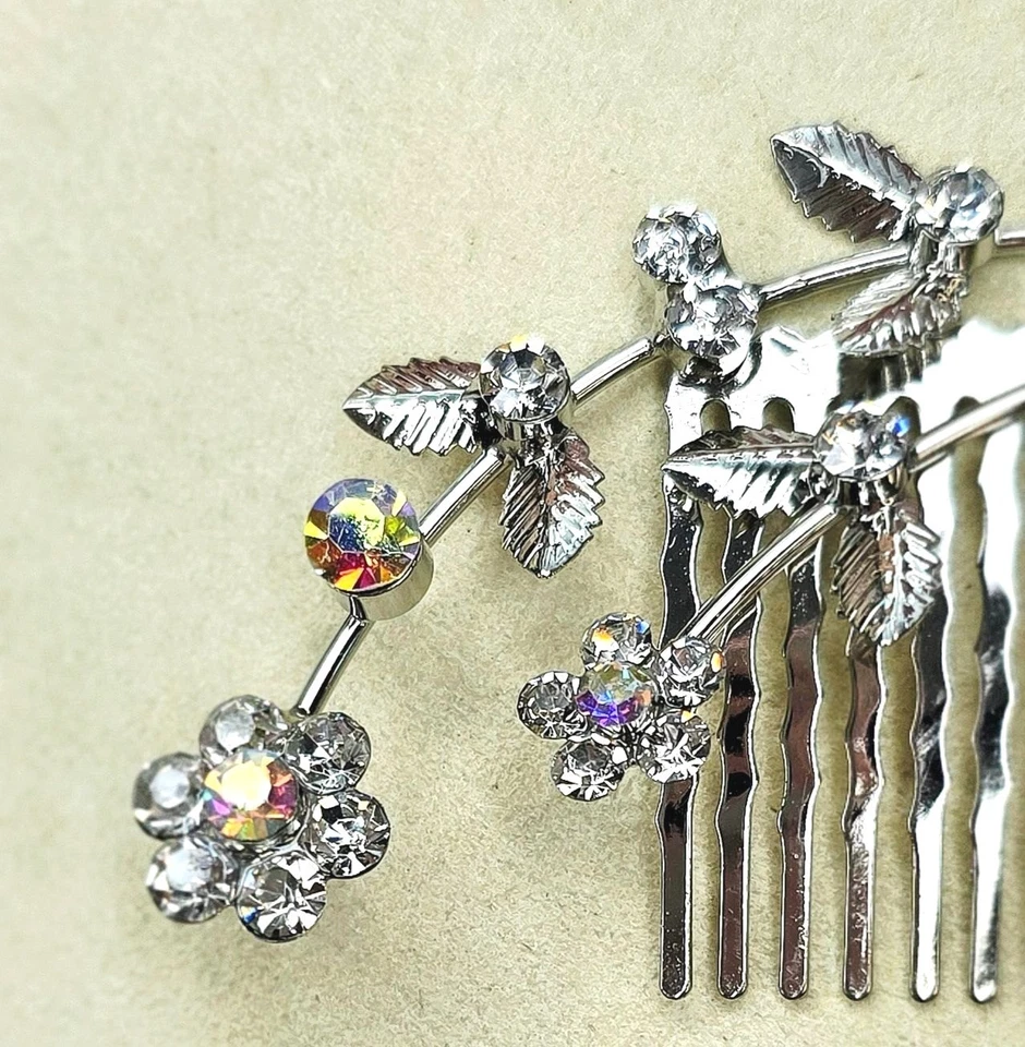 Peine de pelo formal nupcial de metal floral con estrás AB Foto 4 de 4