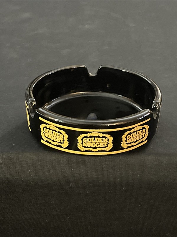 Vintage Casino Ashtray Golden Nugget Black Round Small Gold Tone Lettered Retro