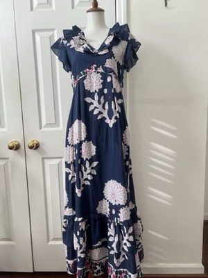 la plage maxi dress Flagship Maxi Dress - Mixed Block Prints in White with Blues