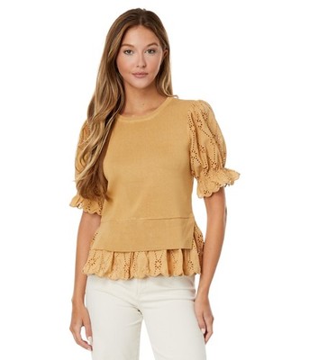 English Factory Eyelet Mixed Media Knit womans Top Tan Size XS